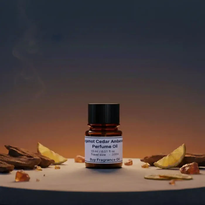 Bergamot Cedar Amberwood Perfume Oil – masculine woody citrus fragrance with amber and cedar, luxury alcohol-free perfume oil inspired by Bleu de Chanel