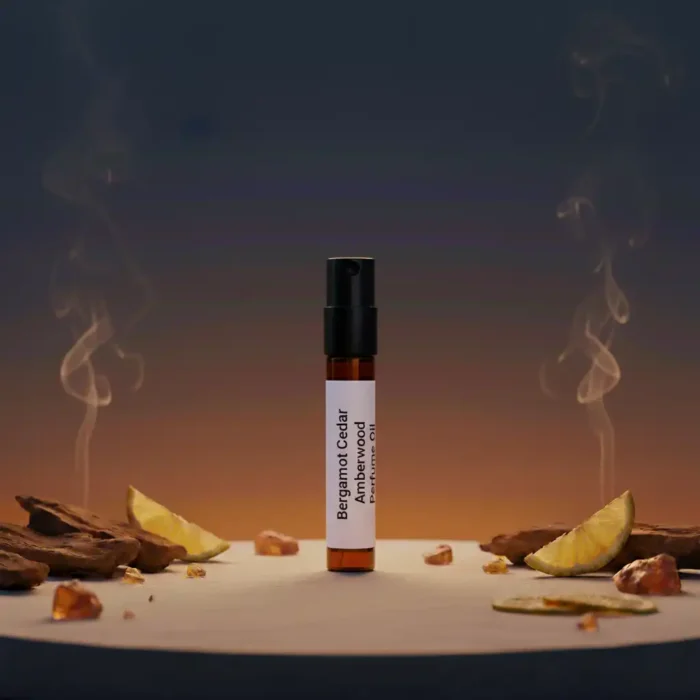 Bergamot Cedar Amberwood Perfume Oil – masculine woody citrus fragrance with amber and cedar, luxury alcohol-free perfume oil inspired by Bleu de Chanel