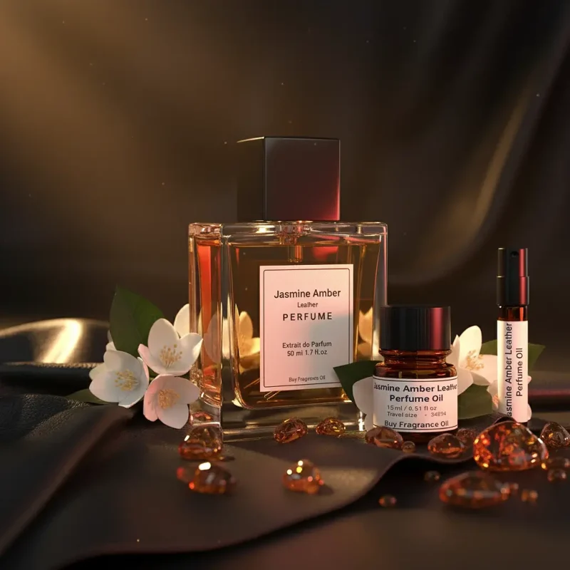 Experience Jasmine Amber Leather Perfume Oil, inspired by Tom Ford Jasmin Rouge (for reference only). A sensual blend of exotic jasmine, warm amber, and smooth leather — bold, elegant, and unforgettable. 100% pure perfume oil, long-lasting and alcohol-free.