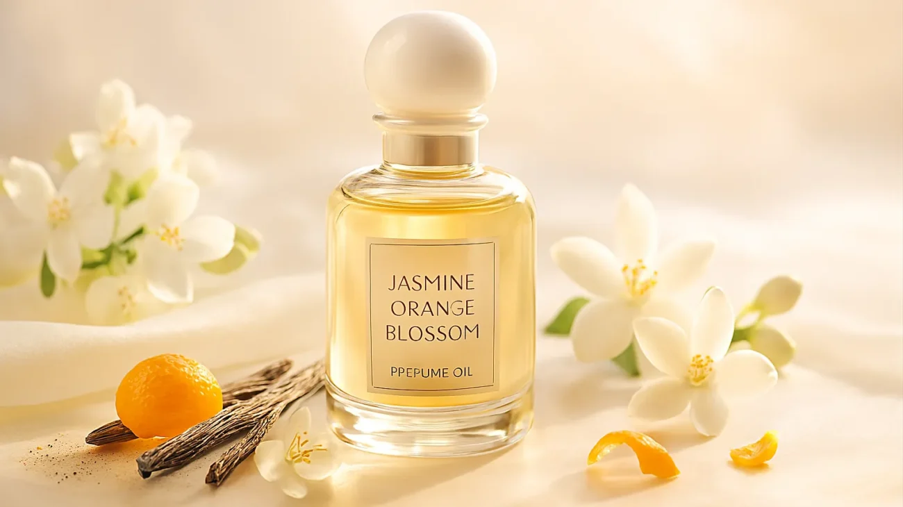 Jasmine Orange Blossom Musk Perfume Oil – floral white musk fragrance inspired by Dior Pure Poison, elegant feminine long-lasting perfume oil.