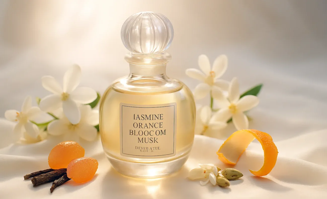 Jasmine Orange Blossom Musk Perfume Oil – floral white musk fragrance inspired by Dior Pure Poison, elegant feminine long-lasting perfume oil.