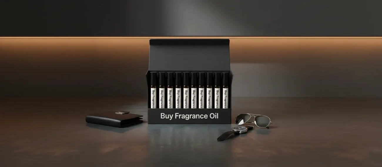 Men’s perfume oil discovery kit Set A – 10 small 2ml perfume vials displayed on a dark marble surface with amber lighting, evoking masculine elegance.