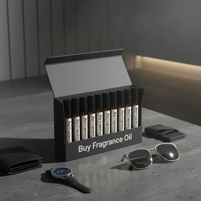 Men’s perfume oil discovery kit Set A – 10 small 2ml perfume vials displayed on a dark marble surface with amber lighting, evoking masculine elegance.