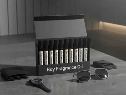 Men’s perfume oil discovery kit Set A – 10 small 2ml perfume vials displayed on a dark marble surface with amber lighting, evoking masculine elegance.