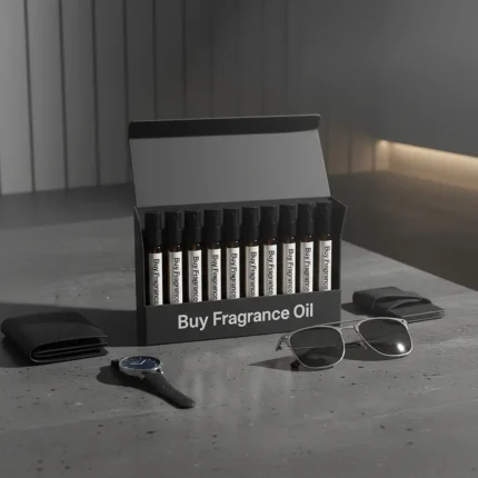 Men’s perfume oil discovery kit Set A – 10 small 2ml perfume vials displayed on a dark marble surface with amber lighting, evoking masculine elegance.