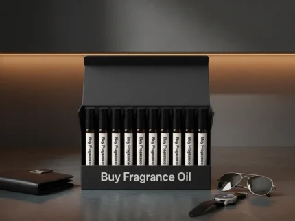 Starter Discovery Perfume Oil Kit Men’s perfume oil discovery kit Set A – 10 small 2ml perfume vials displayed on a dark marble surface with amber lighting, evoking masculine elegance.