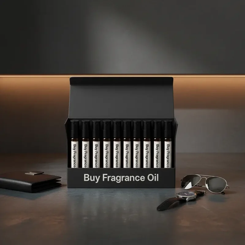 Starter Discovery Perfume Oil Kit Men’s perfume oil discovery kit Set A – 10 small 2ml perfume vials displayed on a dark marble surface with amber lighting, evoking masculine elegance.