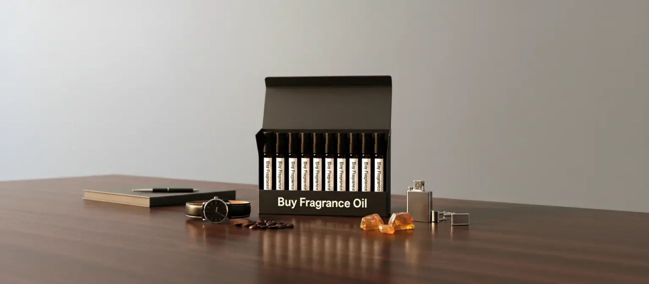 Men’s perfume oil discovery kit Set B – 10 mini glass vials arranged on dark wood with amber and leather details, representing masculine luxury scents.