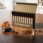 Men’s perfume oil discovery kit Set B – 10 mini glass vials arranged on dark wood with amber and leather details, representing masculine luxury scents.