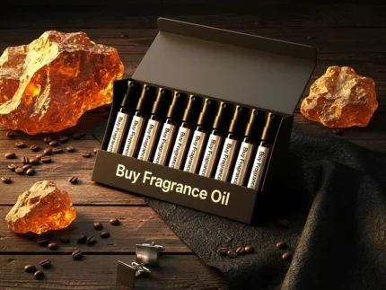 Men’s perfume oil discovery kit Set B – 10 mini glass vials arranged on dark wood with amber and leather details, representing masculine luxury scents.