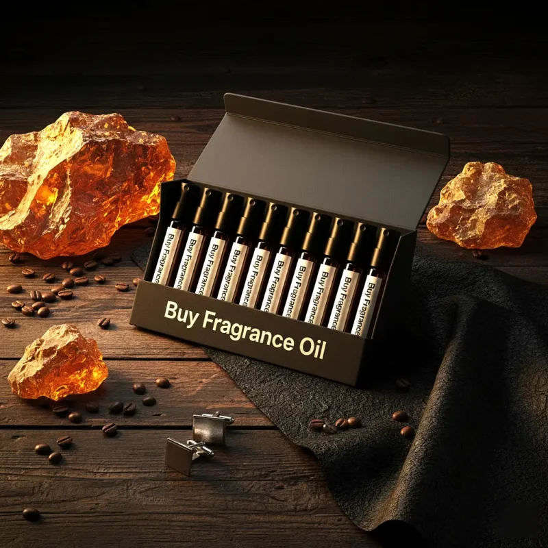 Men’s perfume oil discovery kit Set B – 10 mini glass vials arranged on dark wood with amber and leather details, representing masculine luxury scents.