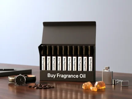 Men’s perfume oil discovery kit Set B – 10 mini glass vials arranged on dark wood with amber and leather details, representing masculine luxury scents.