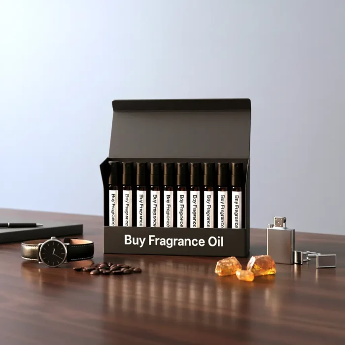 Men’s perfume oil discovery kit Set B – 10 mini glass vials arranged on dark wood with amber and leather details, representing masculine luxury scents.