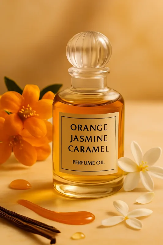Orange Jasmine Caramel Perfume Oil – floral gourmand fragrance inspired by Scandal, sweet orange blossom and caramel perfume oil for women.