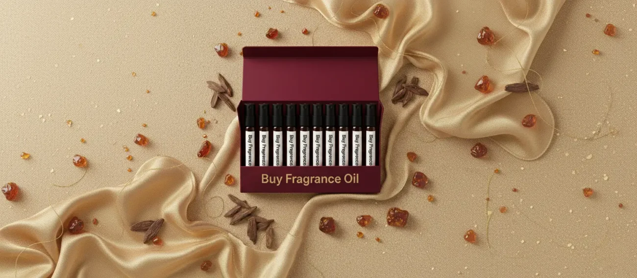 Oriental perfume oil discovery kit Set A – 10 × 2 ml glass vials of oud and amber perfume oils arranged on a warm golden surface with wood and resin details.