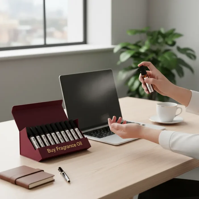 Oriental perfume oil discovery kit Set A – 10 × 2 ml glass vials of oud and amber perfume oils arranged on a warm golden surface with wood and resin details.