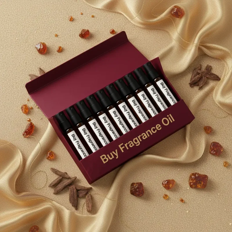 Oriental perfume oil discovery kit Set A – 10 × 2 ml glass vials of oud and amber perfume oils arranged on a warm golden surface with wood and resin details.