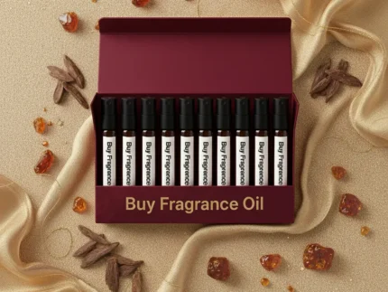 Oriental perfume oil discovery kit Set A – 10 × 2 ml glass vials of oud and amber perfume oils arranged on a warm golden surface with wood and resin details.