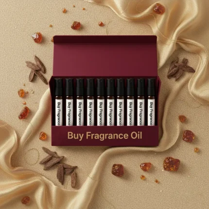 Oriental perfume oil discovery kit Set A – 10 × 2 ml glass vials of oud and amber perfume oils arranged on a warm golden surface with wood and resin details.