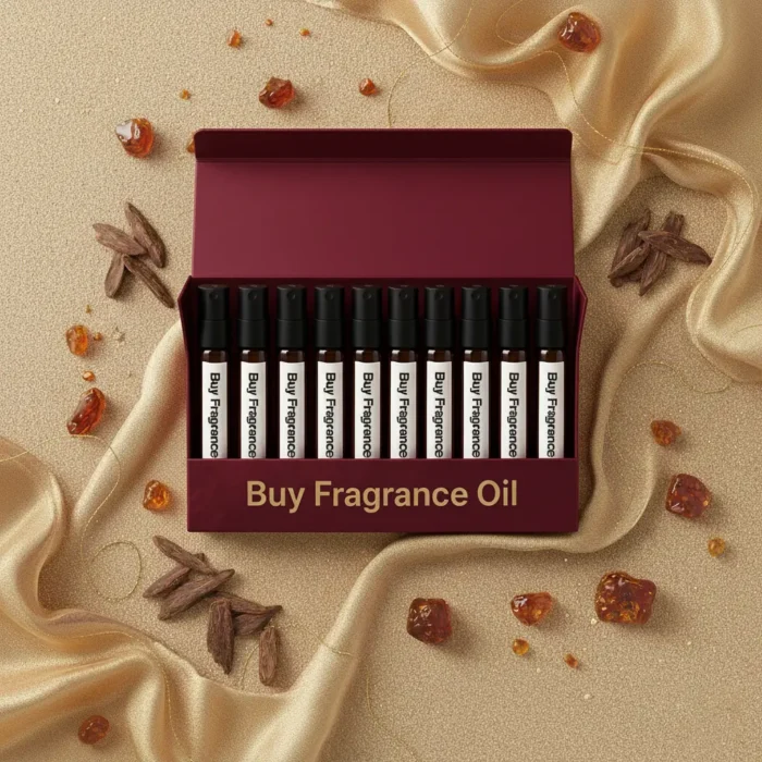 Oriental perfume oil discovery kit Set A – 10 × 2 ml glass vials of oud and amber perfume oils arranged on a warm golden surface with wood and resin details.