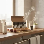 Oriental perfume oil discovery kit – 10 × 2 ml oud, amber, and musk vials arranged on a warm golden background with incense and resin accents.