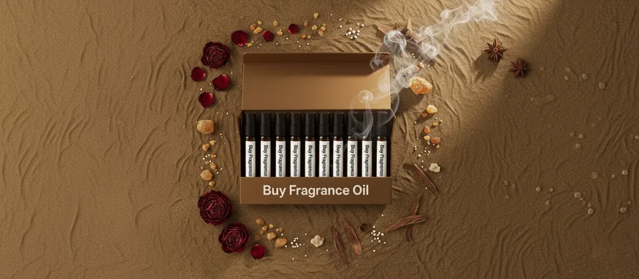 Oriental perfume oil discovery kit – 10 × 2 ml oud, amber, and musk vials arranged on a warm golden background with incense and resin accents.