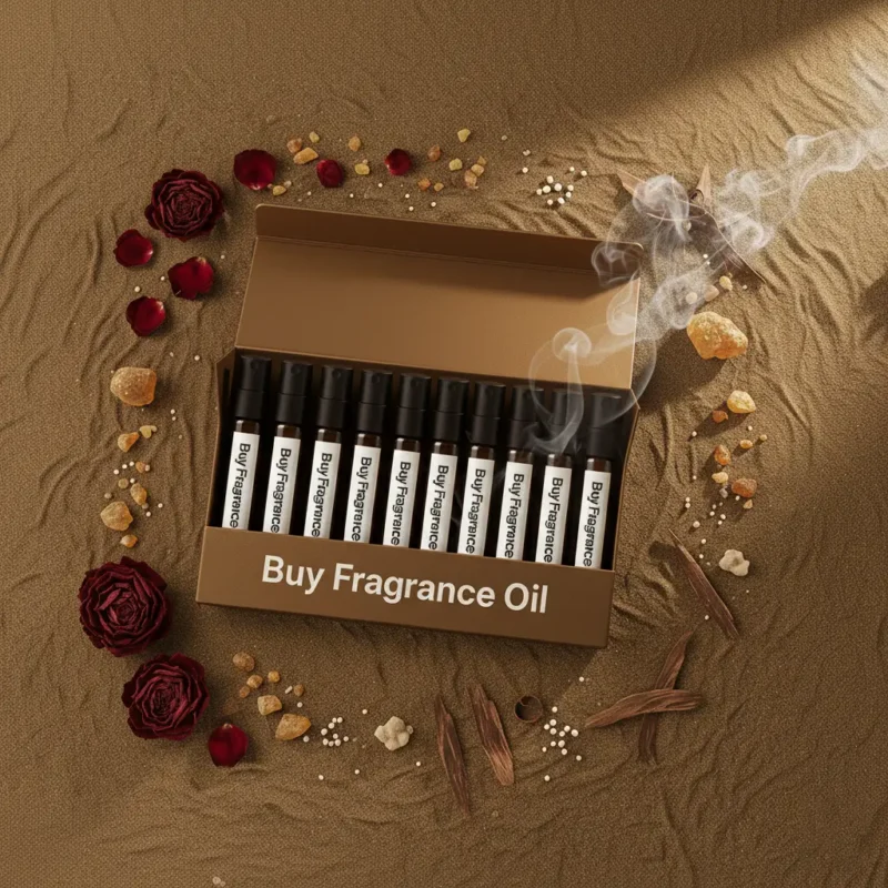 Oriental perfume oil discovery kit – 10 × 2 ml oud, amber, and musk vials arranged on a warm golden background with incense and resin accents.