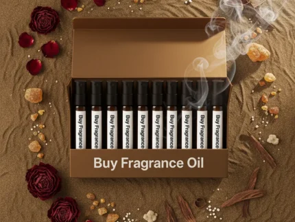 Oriental perfume oil discovery kit – 10 × 2 ml oud, amber, and musk vials arranged on a warm golden background with incense and resin accents.