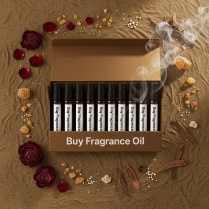 Oriental perfume oil discovery kit – 10 × 2 ml oud, amber, and musk vials arranged on a warm golden background with incense and resin accents.