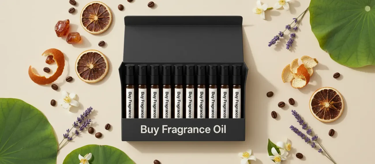 10×2ml single note perfume oil sampler – amber, jasmine, lavender, coffee, orange, and floral notes arranged on a minimal beige background, elegant natural style.