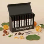 10×2ml single note perfume oil sampler – amber, jasmine, lavender, coffee, orange, and floral notes arranged on a minimal beige background, elegant natural style.