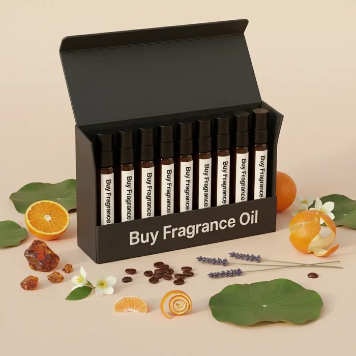 10×2ml single note perfume oil sampler – amber, jasmine, lavender, coffee, orange, and floral notes arranged on a minimal beige background, elegant natural style.