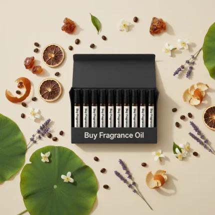 10×2ml single note perfume oil sampler – amber, jasmine, lavender, coffee, orange, and floral notes arranged on a minimal beige background, elegant natural style.