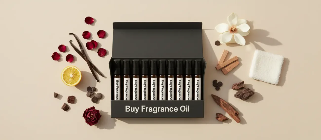 10×2ml pure single note perfume oil sampler – sandalwood, vanilla, rose, oud, bergamot, musk, and more arranged elegantly for layering and scent creation.