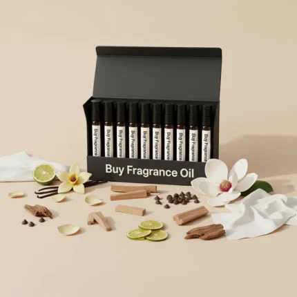 10×2ml pure single note perfume oil sampler – sandalwood, vanilla, rose, oud, bergamot, musk, and more arranged elegantly for layering and scent creation.