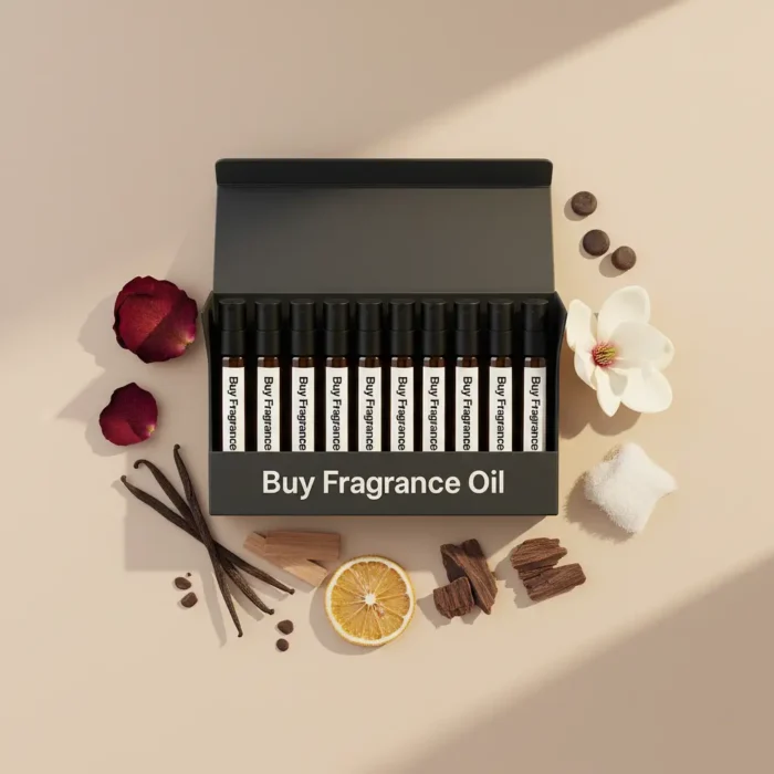 10×2ml pure single note perfume oil sampler – sandalwood, vanilla, rose, oud, bergamot, musk, and more arranged elegantly for layering and scent creation.