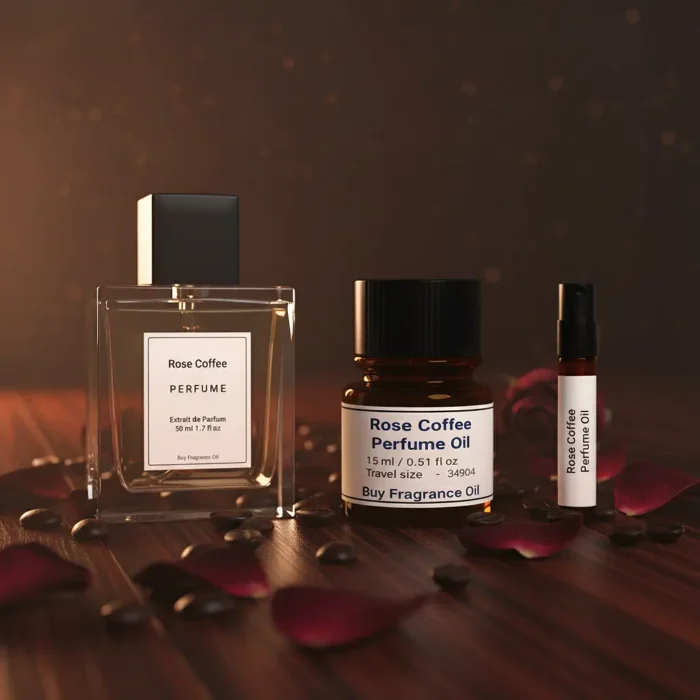Discover Rose Coffee Perfume Oil, inspired by Tom Ford Café Rose (for reference only). A rich fusion of Damask rose, roasted coffee, amber, and sandalwood — sensual, sophisticated, and long-lasting. Perfect for evening elegance and cool-weather allure.