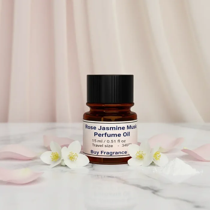 Experience Rose Jasmine Musk Perfume Oil, inspired by Lancôme Idôle (for reference only). A luminous floral blend of rose, jasmine, and soft white musk — pure, feminine, and refined. Alcohol-free, long-lasting perfume oil crafted for modern elegance and daily sophistication.