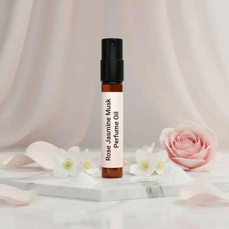 Experience Rose Jasmine Musk Perfume Oil, inspired by Lancôme Idôle (for reference only). A luminous floral blend of rose, jasmine, and soft white musk — pure, feminine, and refined. Alcohol-free, long-lasting perfume oil crafted for modern elegance and daily sophistication.