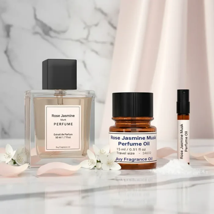 Experience Rose Jasmine Musk Perfume Oil, inspired by Lancôme Idôle (for reference only). A luminous floral blend of rose, jasmine, and soft white musk — pure, feminine, and refined. Alcohol-free, long-lasting perfume oil crafted for modern elegance and daily sophistication.
