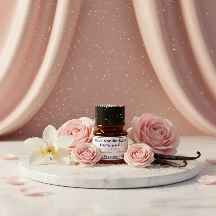 Discover Rose Vanilla Sugar Perfume Oil, inspired by Mancera Rose Vanille (for reference only). A sweet blend of rosewater, creamy vanilla, and sugar crystals with warm amber undertones. Alcohol-free, long-lasting perfume oil crafted for lovers of soft luxury and timeless romance.