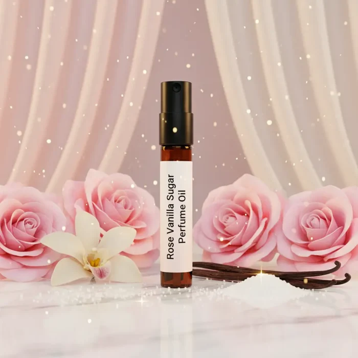 Discover Rose Vanilla Sugar Perfume Oil, inspired by Mancera Rose Vanille (for reference only). A sweet blend of rosewater, creamy vanilla, and sugar crystals with warm amber undertones. Alcohol-free, long-lasting perfume oil crafted for lovers of soft luxury and timeless romance.