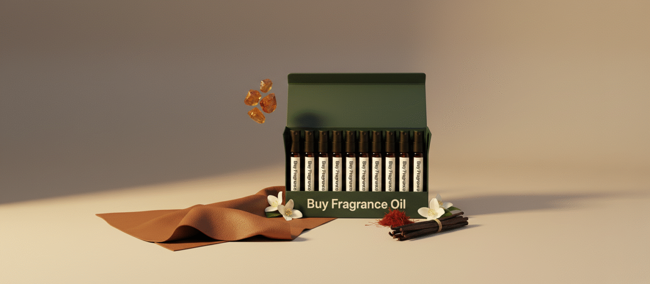 Unisex discovery perfume oil kit – 10×2ml sampler featuring luxury and niche-inspired amber, floral, musk and leather perfumes.