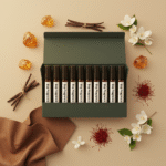 Unisex discovery perfume oil kit – 10×2ml sampler featuring luxury and niche-inspired amber, floral, musk and leather perfumes.