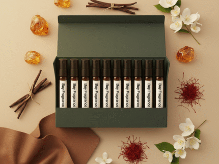 Unisex discovery perfume oil kit – 10×2ml sampler featuring luxury and niche-inspired amber, floral, musk and leather perfumes.