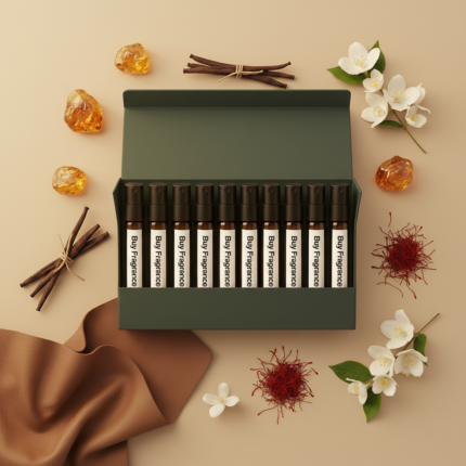 Unisex discovery perfume oil kit – 10×2ml sampler featuring luxury and niche-inspired amber, floral, musk and leather perfumes.