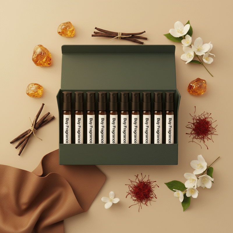 Unisex discovery perfume oil kit – 10×2ml sampler featuring luxury and niche-inspired amber, floral, musk and leather perfumes.
