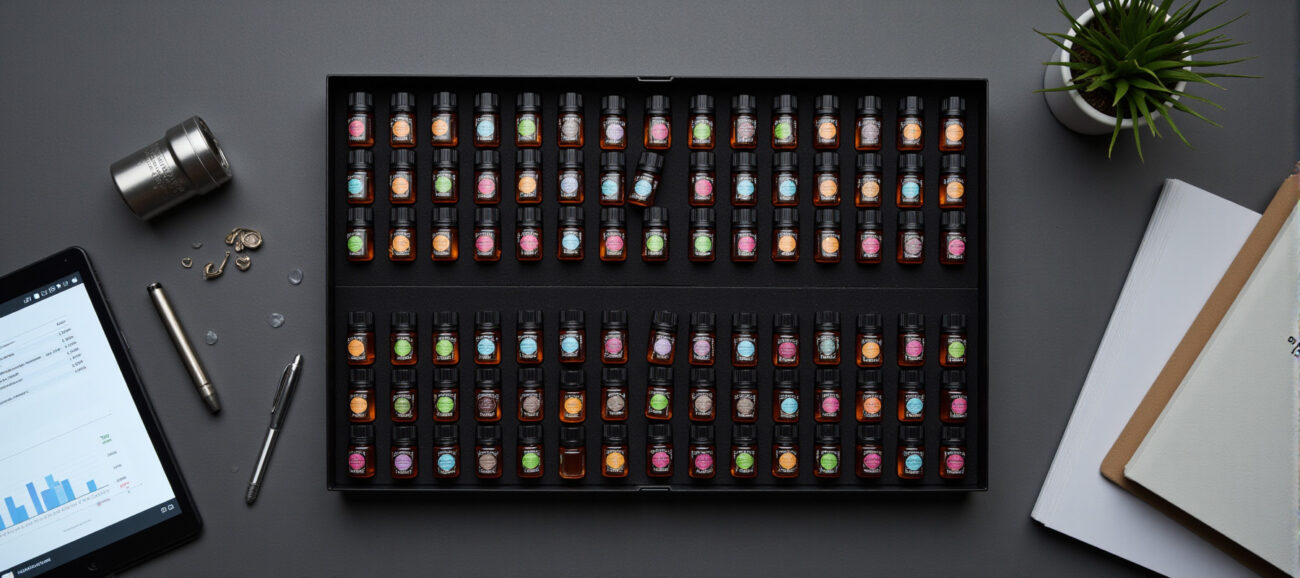 An overhead flat lay of a business sample kit with 100 assorted 2ml perfume oil vials, a tablet, and custom packaging, designed for wholesale distributors and private label entrepreneurs.