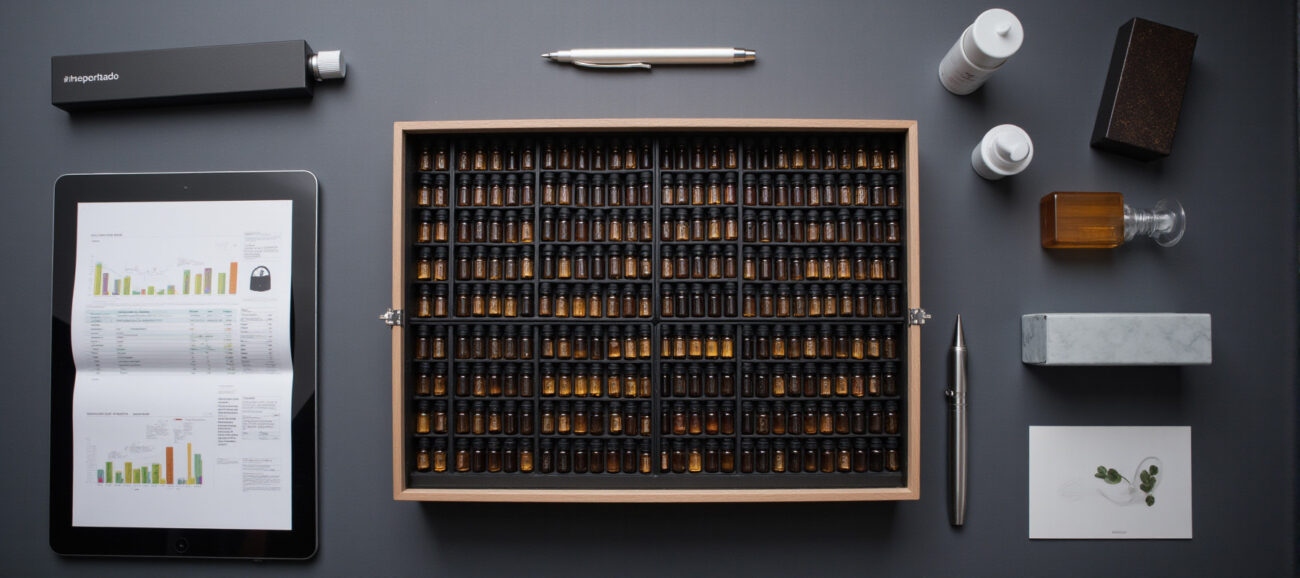 An overhead flat lay of a business sample kit with 100 assorted 2ml perfume oil vials, a tablet, and custom packaging, designed for wholesale distributors and private label entrepreneurs.
