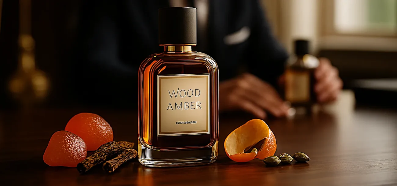 Wood Amber Perfume Oil – woody amber fragrance for men featuring amber, sandalwood, and musk, inspired by Bvlgari Man.